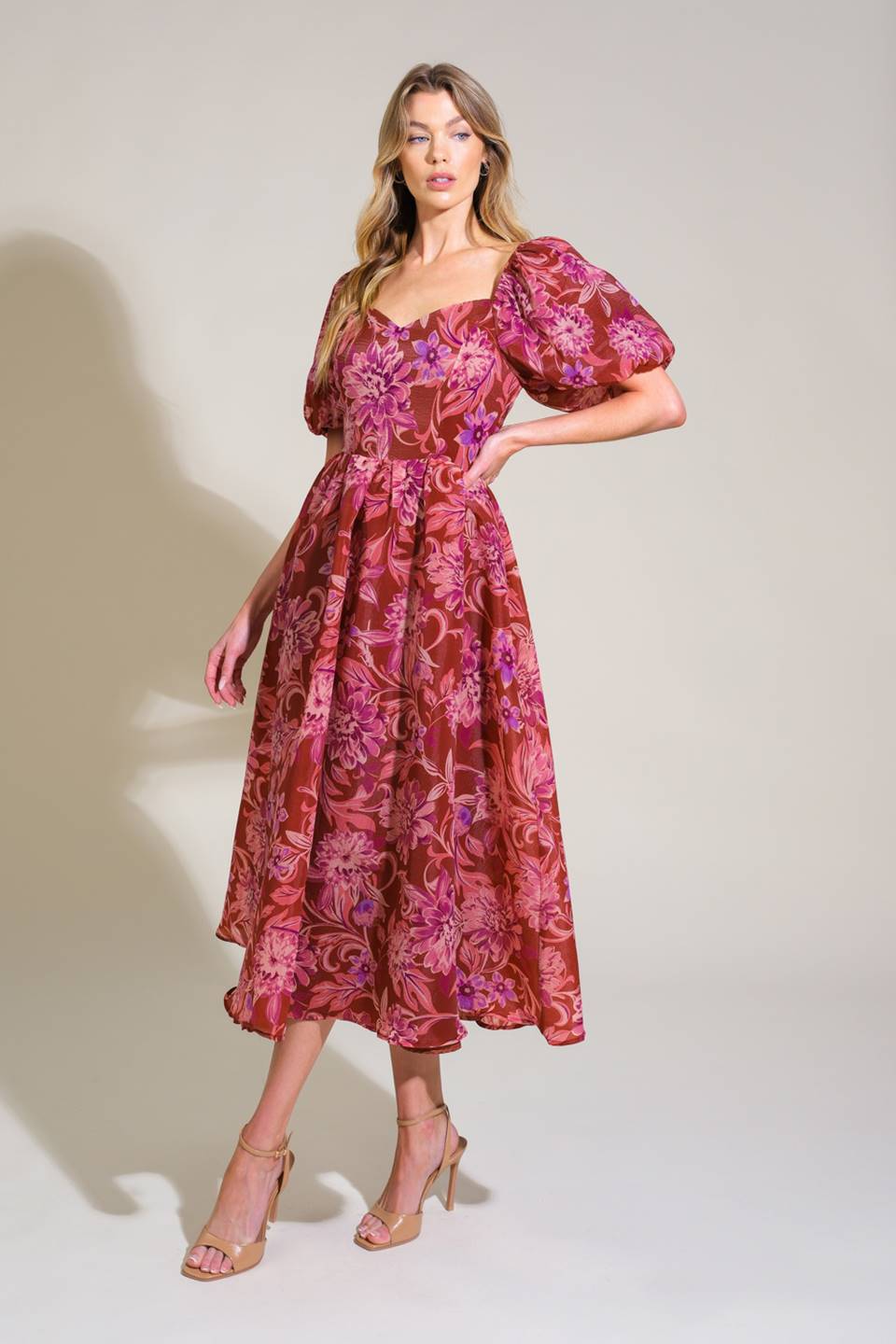 RADIANT DAY FLORAL WOVEN MIDI DRESS Flying Tomato